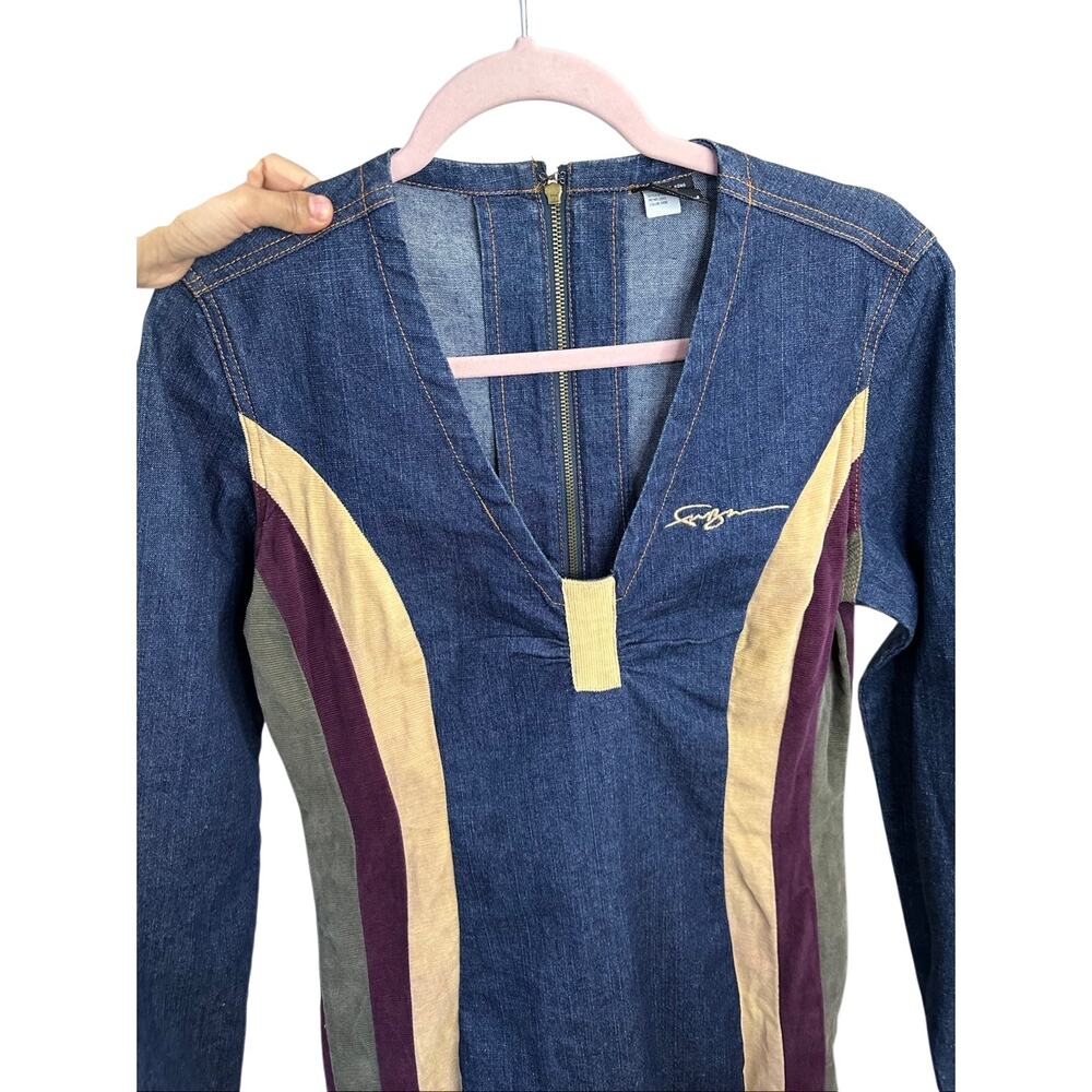 Vintage FUBU Denim Long Sleeve Dress Corduroy Patchwork Stripes Vneck Size 7/8 - Picture 5 of 16